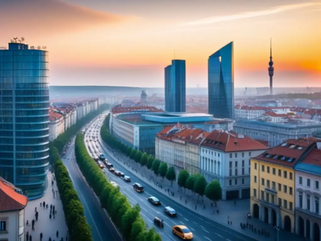 Skyline moderno al atardecer en Europa del Este Vibrante ciudad europea del Este con arquitectura histórica y contemporánea