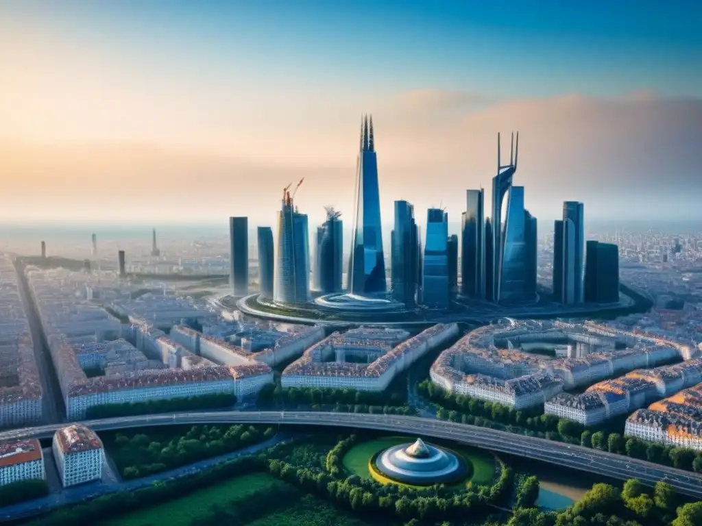 Metrópolis europea del futuro: skyline ultradetallado en 8k Vibrante ciudad europea del futuro con rascacielos modernos y mercado inmobiliario diverso