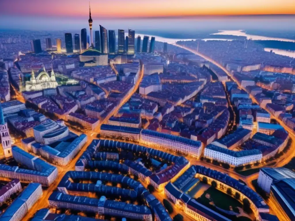 Esplendor urbano en Europa del Este: skyline moderno al atardecer Vibrante ciudad europea del Este, mezcla de historia y modernidad