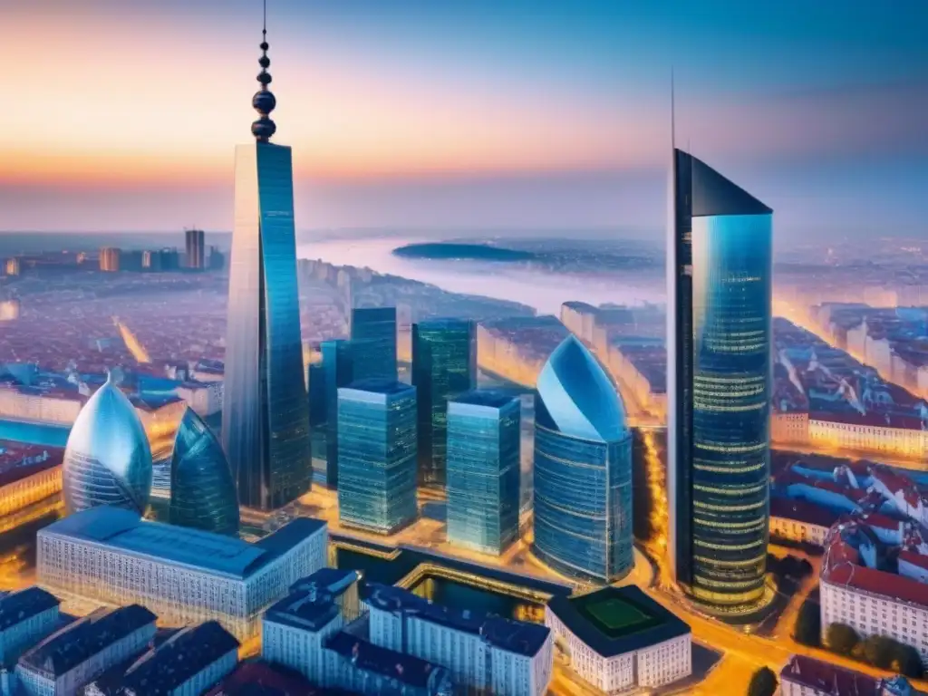 Cityscape en Europa del Este: blockchain en la inmobiliaria Vibrante ciudad europea con rascacielos modernos y blockchain en transacciones inmobiliarias Europa