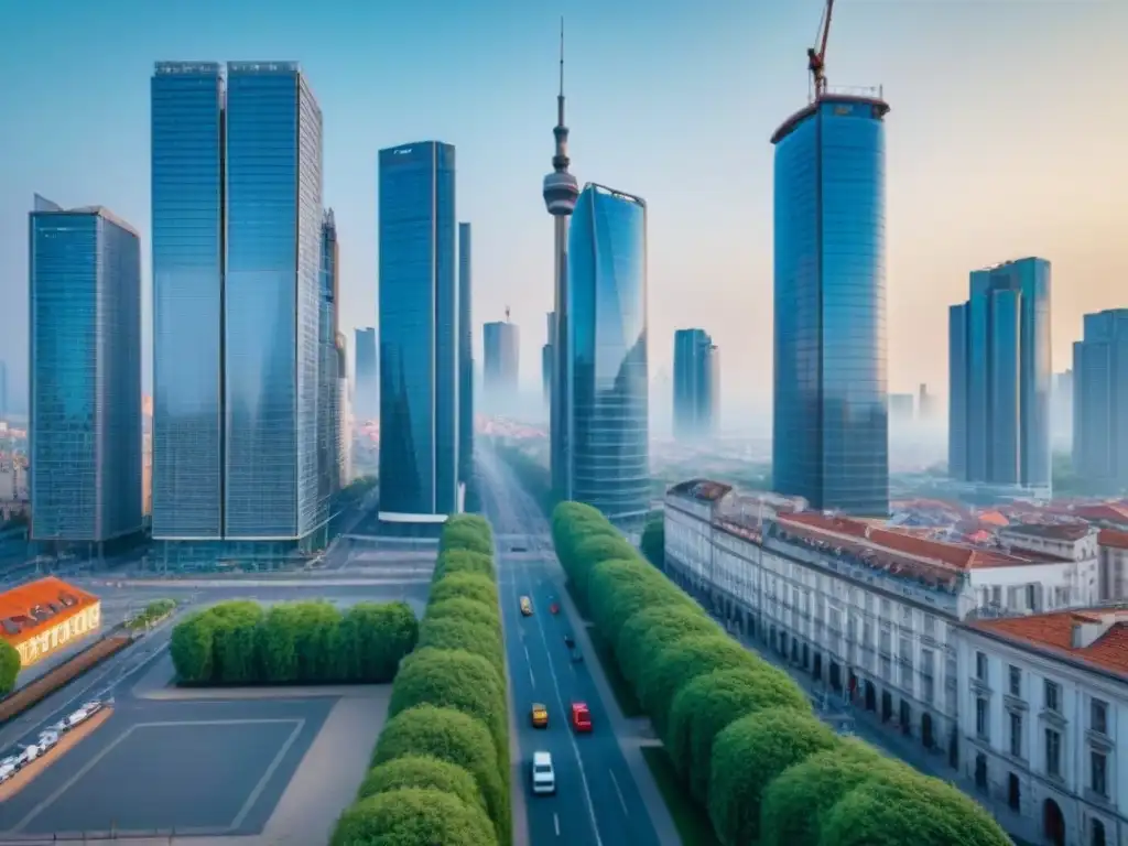 Horizonte urbano en Europa del Este: modernidad y crecimiento Vibrante ciudad europea con rascacielos, calles bulliciosas y un cielo azul