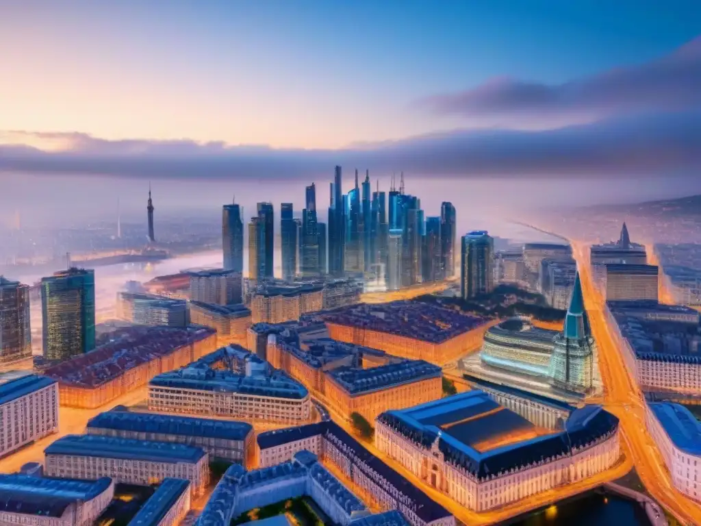 Metrópolis futurista: blockchain revoluciona transacciones inmobiliarias Vibrante ciudad europea al anochecer, con tecnología blockchain en transacciones inmobiliarias