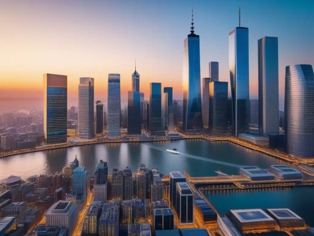 Oportunidades financieras al atardecer en la gran ciudad Vibrante ciudad financiera al atardecer con profesionales analizando fluctuaciones cambiarias