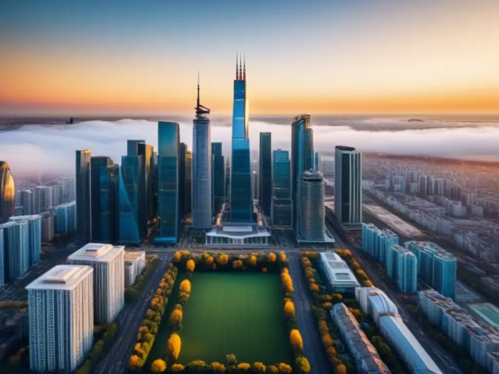 Oportunidades de inversión inmobiliaria: skyline urbano diversificado La vibrante ciudad financiera al atardecer, muestra la diversidad de oportunidades de inversión en REITs internacionales más infravalorados