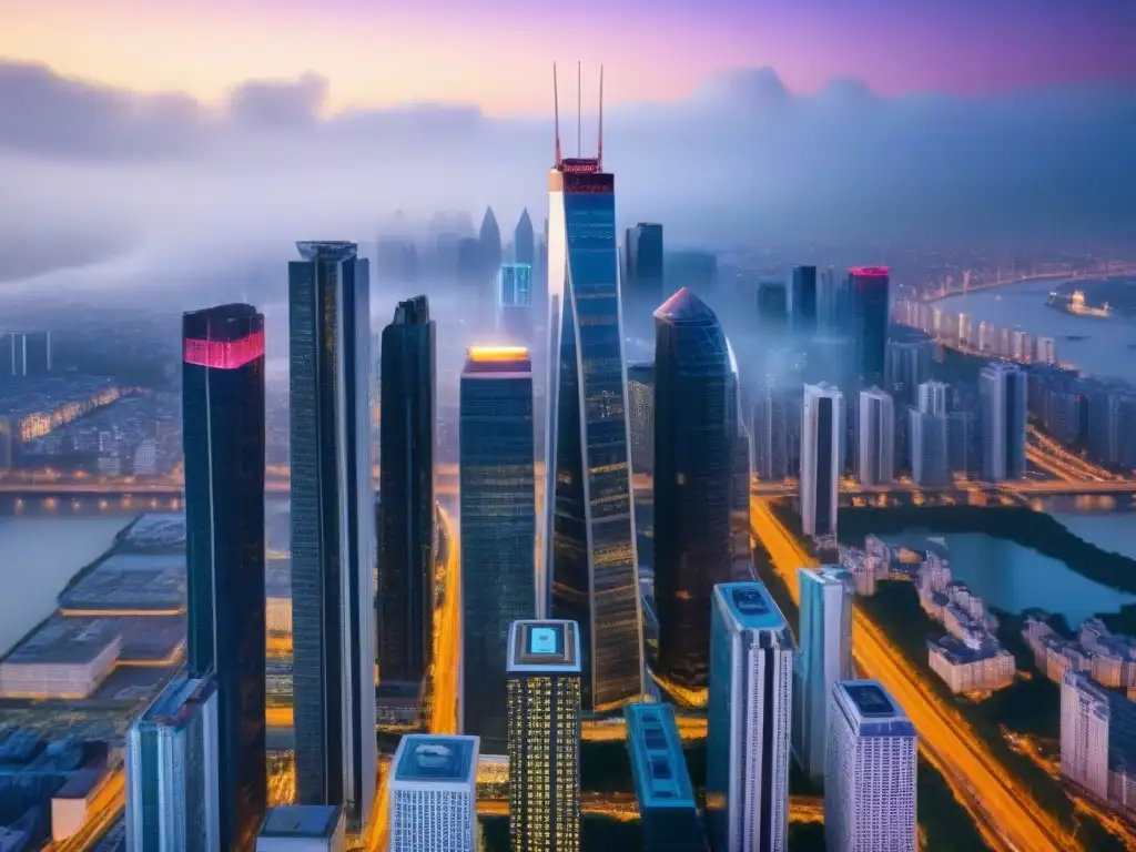 Metrópolis financiera global: luces, rascacielos y negocios Vibrante ciudad financiera con rascacielos modernos y regulaciones fiscales inversiones inmobiliarias internacionales