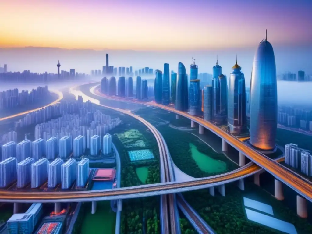 Metrópolis vibrante: paisaje urbano moderno en 8k Vibrante ciudad de Franja Ruta: rascacielos, autopistas y trenes de alta velocidad entre vida urbana y arquitectura innovadora