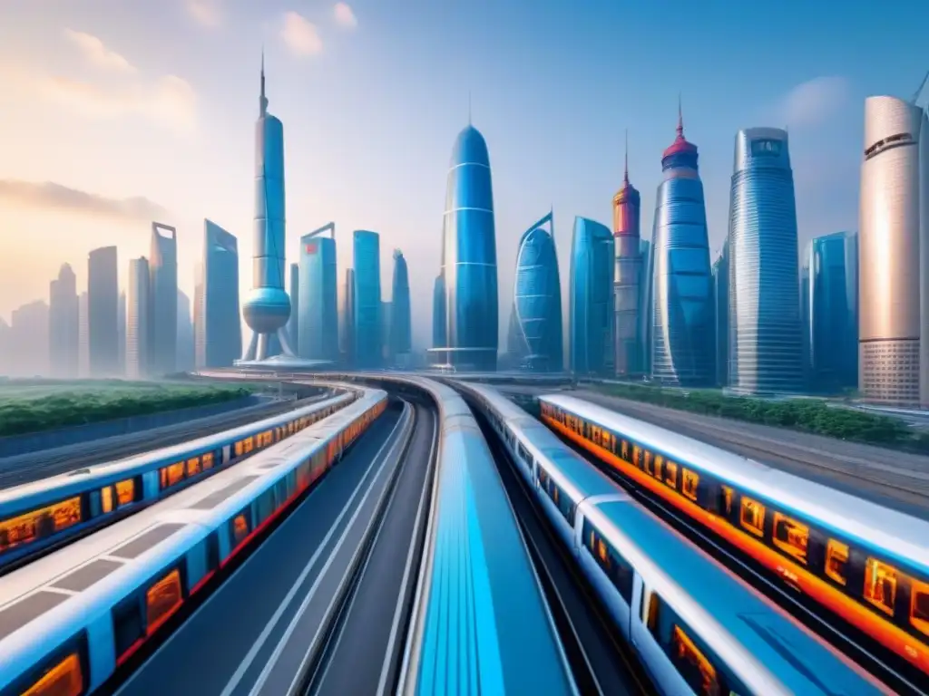 Metrópolis futurista en Ruta de la Seda: Oportunidades de inversión internacional Vibrante ciudad en la Franja y la Ruta, con rascacielos futuristas, gente diversa y trenes de alta velocidad