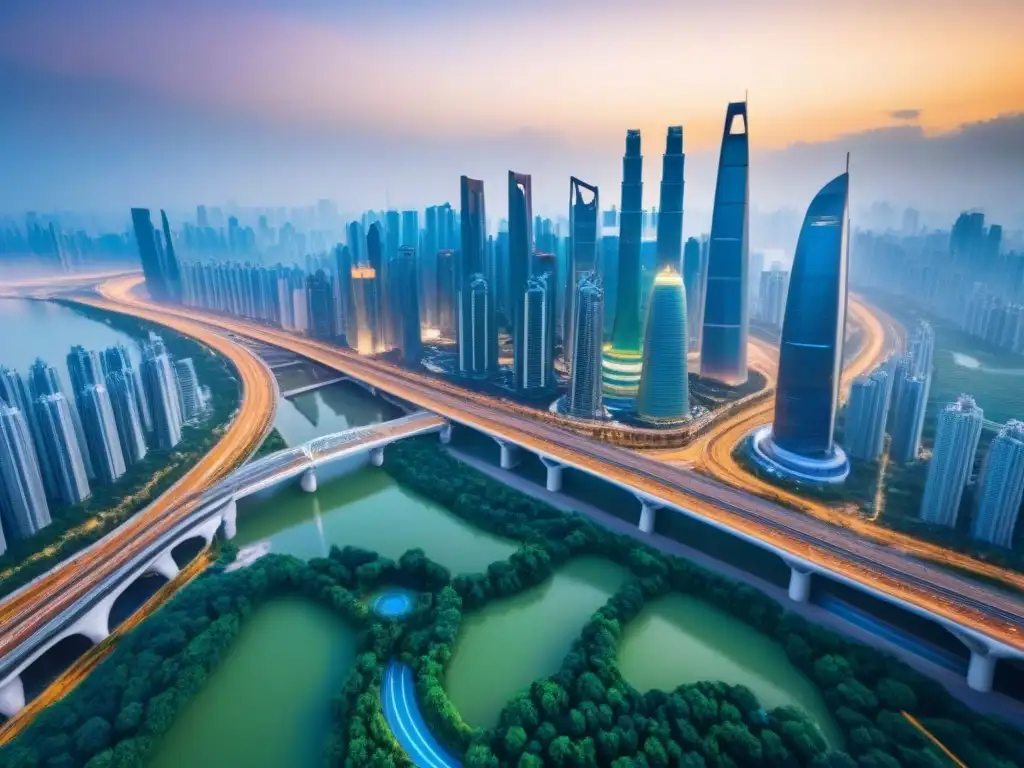 Horizonte urbano innovador en la Ruta de la Seda Vibrante ciudad de la Franja y la Ruta con arquitectura moderna y tradicional, reflejando oportunidades de invertir mercado inmobiliario Franja Ruta