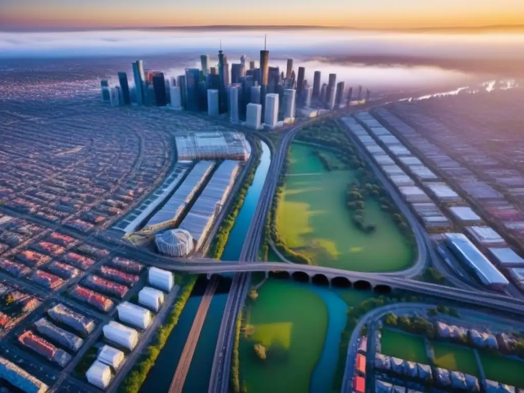 Ciudad fronteriza vibrante al atardecer: modernidad y colorido Vibrante ciudad fronteriza al atardecer, con rascacielos modernos y carreteras llenas de autos, reflejando el crecimiento inmobiliario
