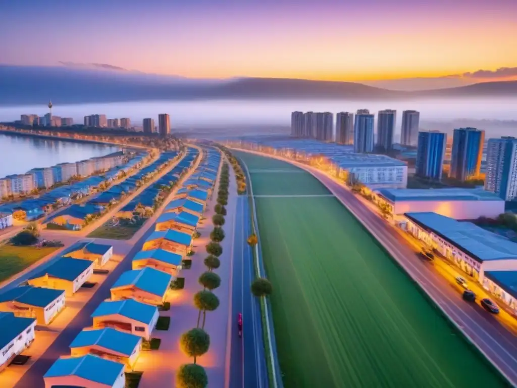 Vista aérea al atardecer de ciudad fronteriza en crecimiento La vibrante ciudad fronteriza al atardecer destaca la fusión de arquitectura moderna y tradicional