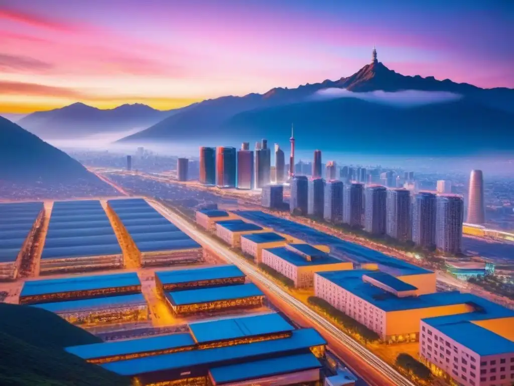 Metrópolis futurista al anochecer: luces neón y diversidad urbana Vibrante ciudad fronteriza con crecimiento inmobiliario, rascacielos futuristas iluminados y diversidad urbana al anochecer