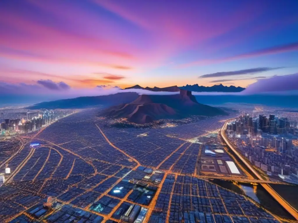 Fotografía aérea de ciudad fronteriza al atardecer Vibrante ciudad fronteriza en crecimiento inmobiliario al atardecer, entre rascacielos y arquitectura colonial