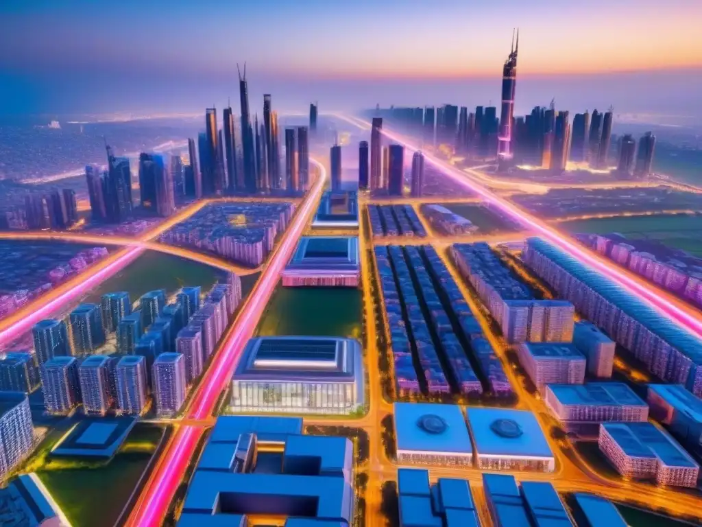 Metrópolis futurista en la frontera: arquitectura innovadora y luces neón Vibrante ciudad fronteriza futurista al anochecer, con innovadores rascacielos y sistemas de transporte integrados