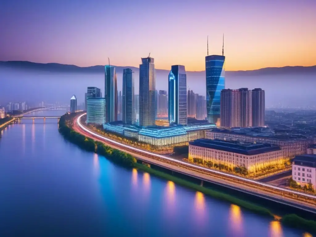 Metrópolis vibrante al atardecer: luces de neon y río sereno Vibrante ciudad fronteriza al anochecer, con rascacielos iluminados por luces neón sobre un río sereno