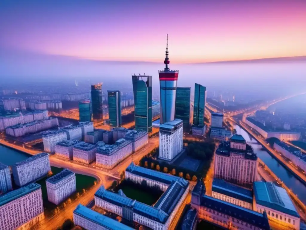 Esplendor urbano al atardecer: Varsovia, Polonia Vibrante ciudad de Varsovia al anochecer, reflejando la fusión de tradición y progreso en las economías emergentes de Europa del Este