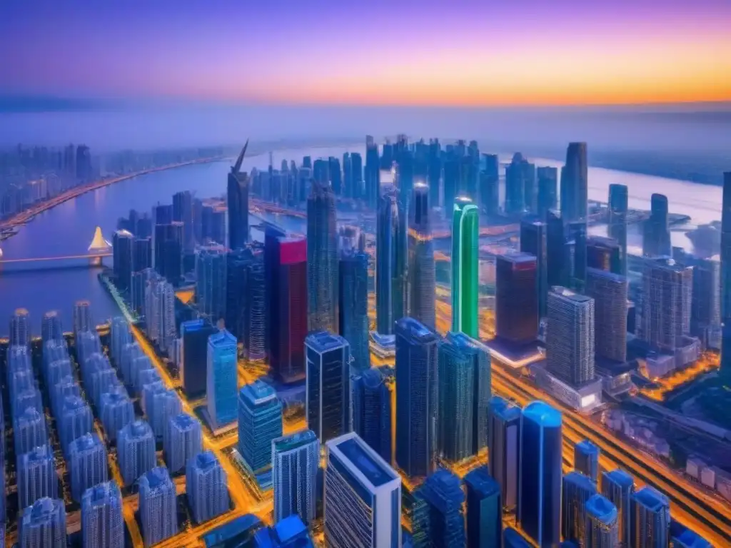 Innovación urbana: Skyline futurista iluminado al anochecer Vibrante ciudad futurista al anochecer, reflejando un ambiente innovador en inversiones inmobiliarias alternativas internacionales
