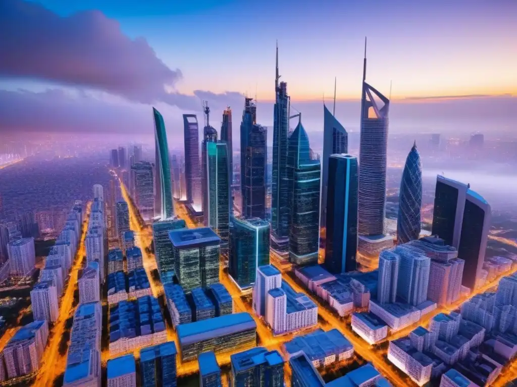 Metrópolis futurista: luces neón y arquitectura innovadora al atardecer Vibrante ciudad futurista con diseño arquitectónico innovador iluminado por luces neón