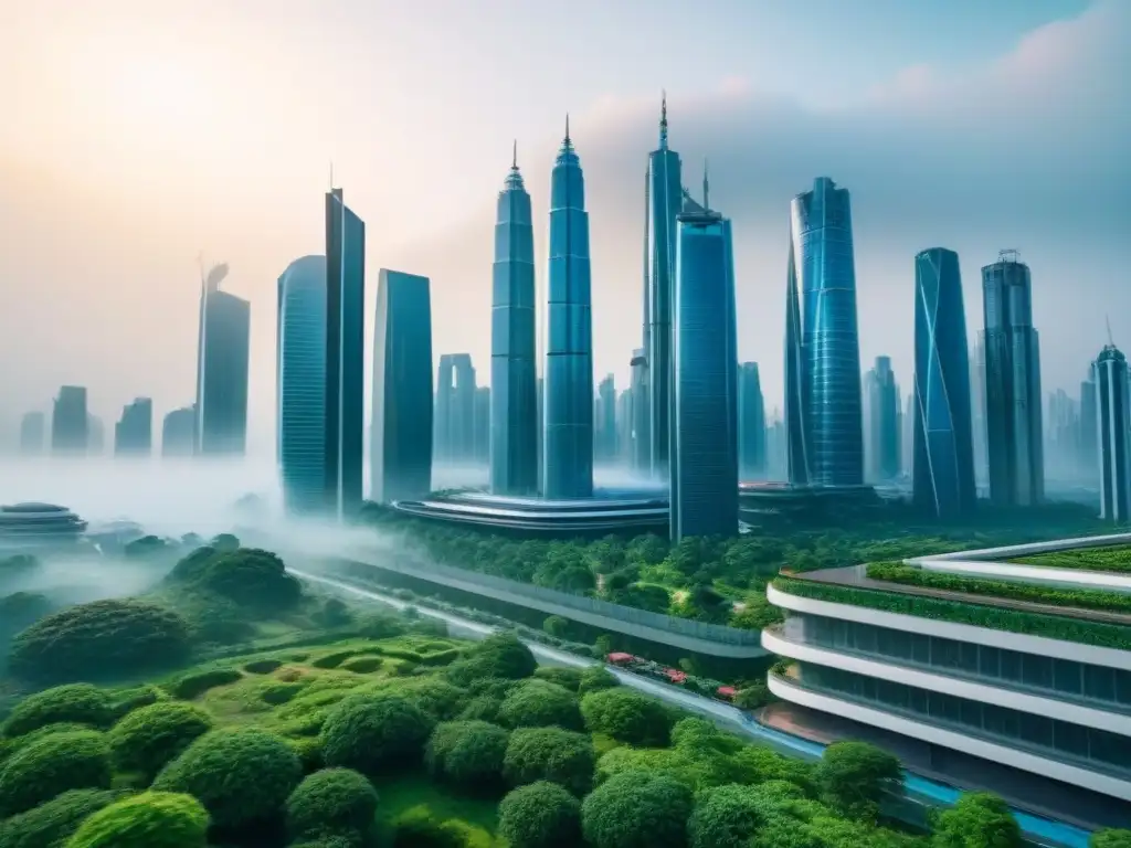 Metrópolis futurista: arquitectura sostenible y naturaleza exuberante Vibrante ciudad futurista con diseño arquitectónico innovador y sostenible, ideal para inversiones inmobiliarias en mercados internacionales