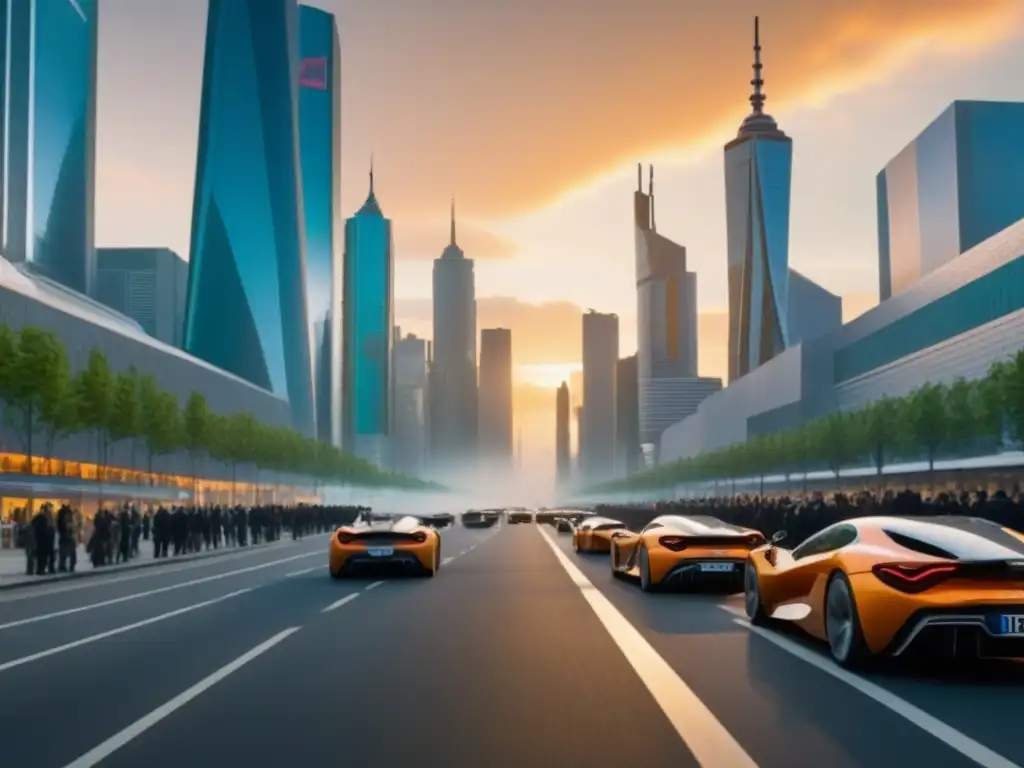 Inversión inquebrantable: Ciudad futurista vibrante al atardecer Vibrante ciudad futurista con arquitectura innovadora y enfoque anticíclico inversión inmobiliaria