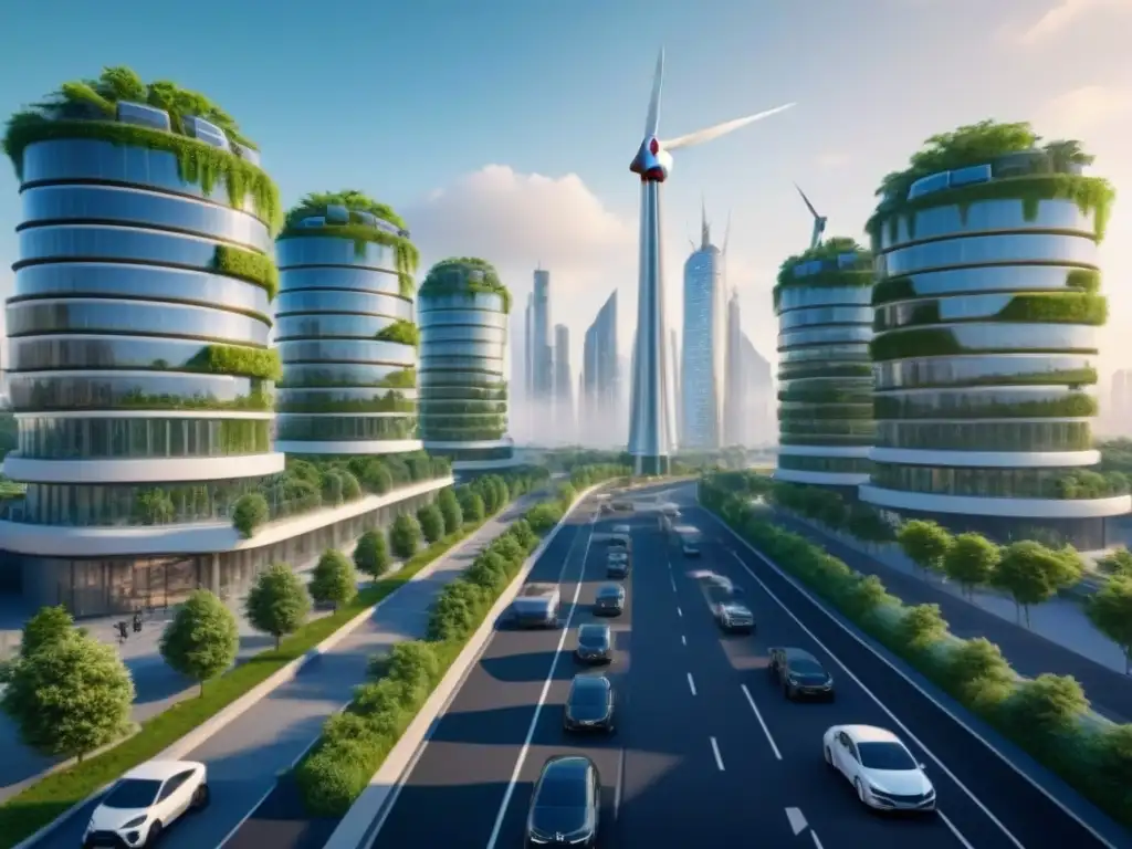 Metrópolis futurista ecoamigable: skyline sostenible en 8k Vibrante ciudad futurista con arquitectura ecofriendly y tecnologías verdes