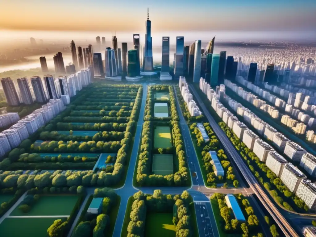 Metrópolis futurista: fusión perfecta entre modernidad y naturaleza Vibrante ciudad futurista con arquitectura moderna y espacios verdes, ideal para inversores en el mercado inmobiliario