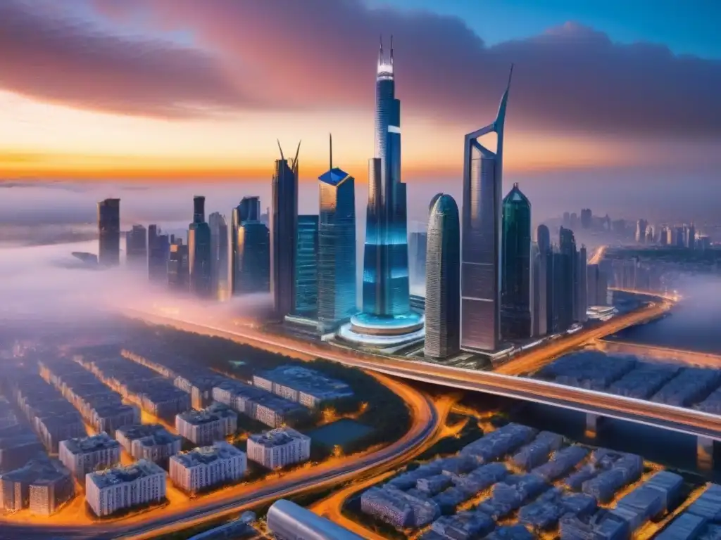 Metrópolis futurista: innovación y esperanza en la ciudad moderna Vibrante ciudad futurista con arquitectura innovadora y tecnología avanzada, simbolizando oportunidades inmobiliarias en crisis