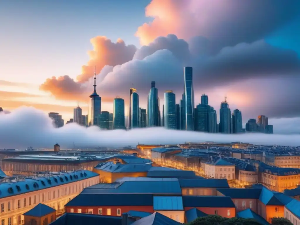 Metrópolis Futurista: Fusión de Tradición y Nube Vibrante ciudad futurista fusionando arquitectura tradicional con modernas nubes, reflejando la integración de Plataformas en la nube inmobiliaria