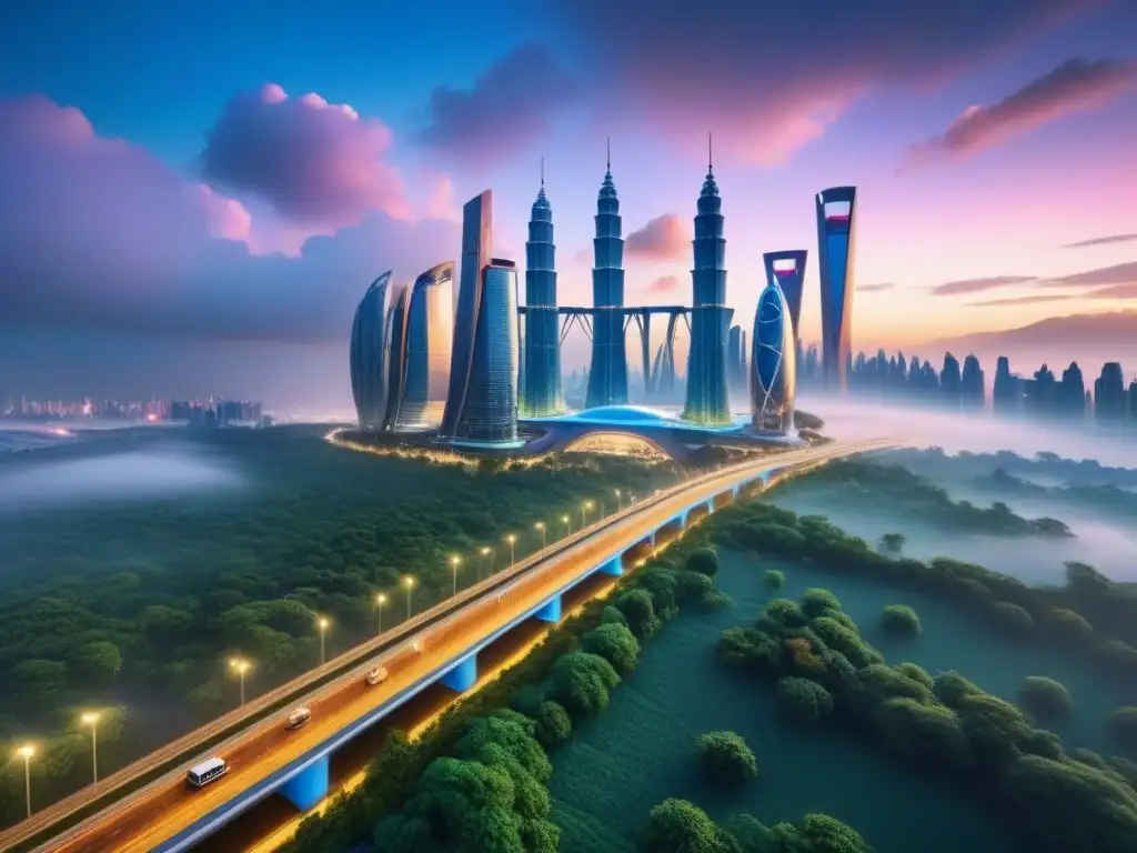 Metrópolis futurista: arquitectura innovadora y sostenible Vibrante ciudad futurista con arquitectura innovadora y energía sostenible