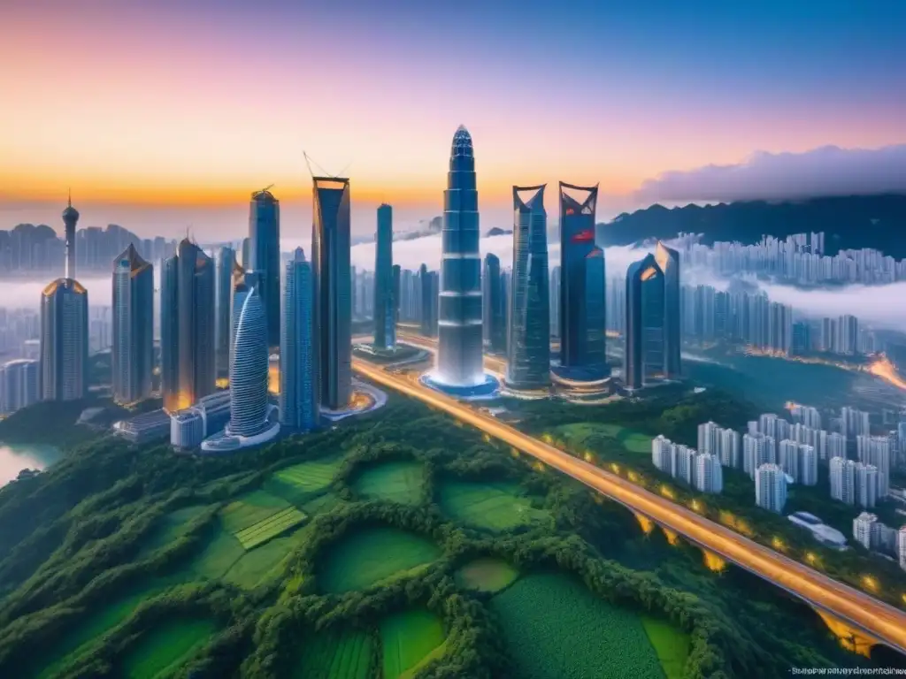 Horizonte futurista: rascacielos en AsiaPacifico al atardecer Vibrante ciudad futurista en AsiaPacifico con rascacielos modernos rodeados de vegetación, al atardecer