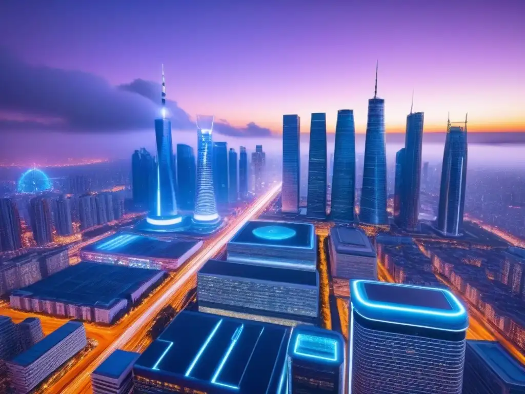 Metrópolis futurista: mercado inmobiliario global avanzado Vibrante ciudad futurista al atardecer, con rascacielos iluminados por luces de neón, reflejando un mercado inmobiliario global avanzado