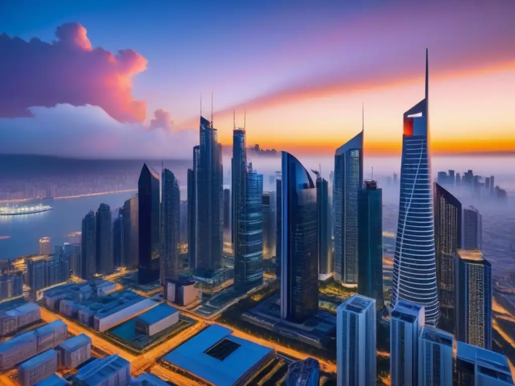 Horizonte futurista: avance inmobiliario en LED Vibrante ciudad futurista al atardecer, muestra progreso e innovación en Due Diligence inmobiliaria mercados volátiles
