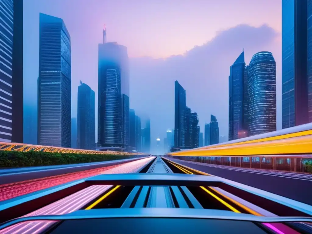 Metrópolis futurista: rascacielos y luces de neón Vibrante ciudad futurista al atardecer con rascacielos innovadores iluminados por luces neón, reflejando tendencias mercado inmobiliario internacional