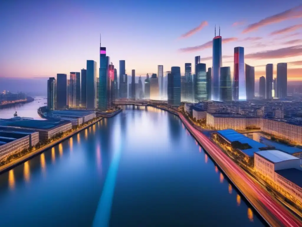 Futurismo urbano: Ciudad 8k con luces neón y drones Vibrante ciudad futurista al atardecer con rascacielos iluminados por luces de neón, reflejadas en un río cristalino