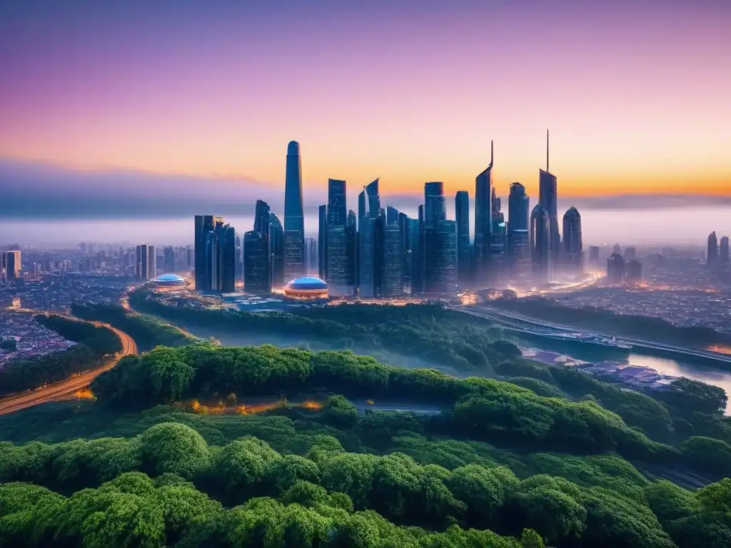 Metrópolis futurista en 8k: innovación y prosperidad urbana Vibrante ciudad futurista al atardecer con rascacielos relucientes y vegetación exuberante, evocando innovación y valor agregado en inversiones inmobiliarias