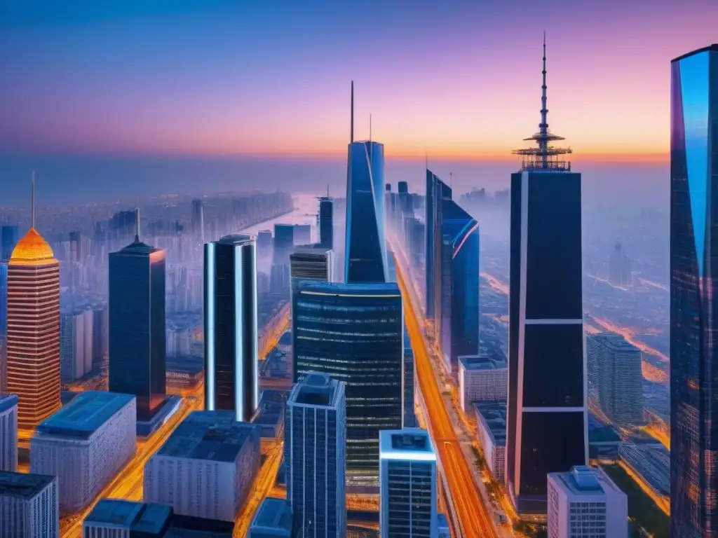 Metrópolis futurista: transacciones inmobiliarias digitales Vibrante ciudad futurista al atardecer con rascacielos relucientes y contratos inteligentes en inversión inmobiliaria