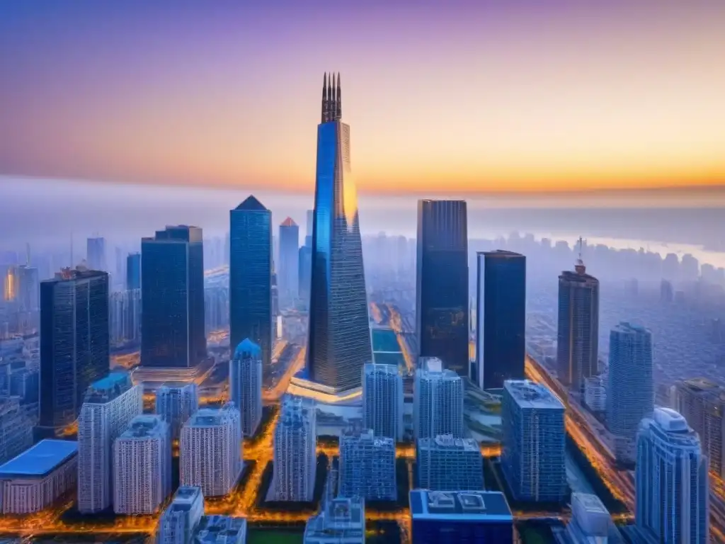 Blockchain en la ciudad: metrópolis futurista al atardecer Vibrante ciudad futurista al atardecer con rascacielos reflejando la cálida luz dorada, integrando blockchain en gestión de propiedades