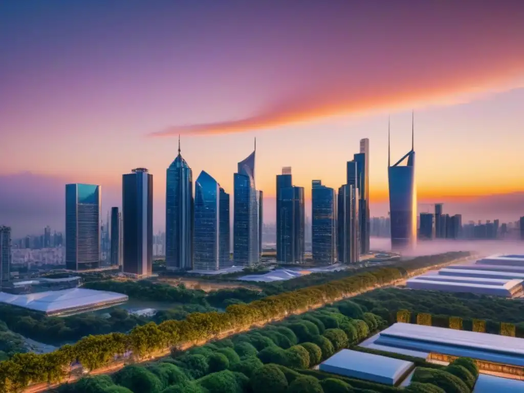 Horizonte futurista al atardecer: innovación y naturaleza en 8k Vibrante ciudad futurista al atardecer con rascacielos y naturaleza, ideal para comparativa software gestión propiedades