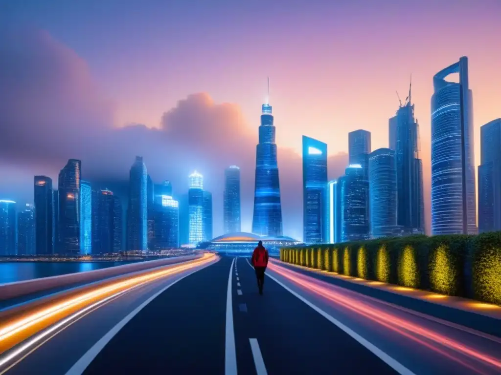 Metrópolis futurista 8k: arquitectura global en atardecer Vibrante ciudad futurista al atardecer con rascacielos y gente diversa caminando