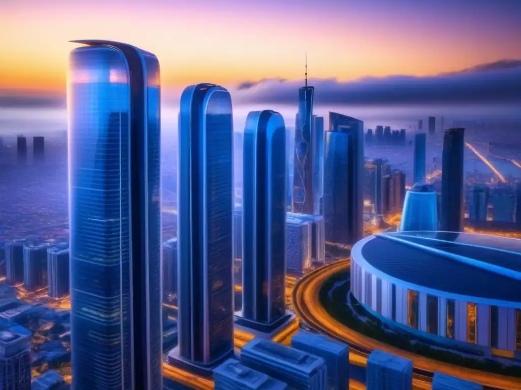 Metrópolis futurista: innovación en el mercado inmobiliario Vibrante ciudad futurista al atardecer con rascacielos, calles llenas de vehículos autónomos y redes de datos brillantes