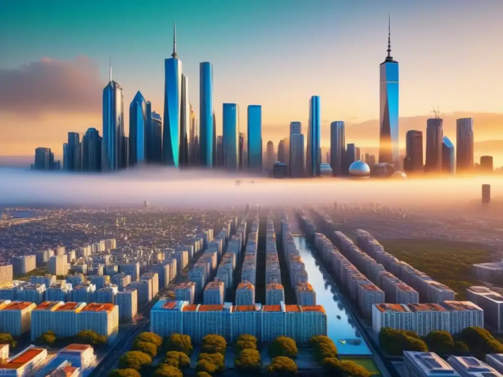 Metrópolis futurista: atardecer dorado sobre rascacielos Vibrante ciudad futurista al atardecer, reflejando innovación y estrategias mercado inmobiliario emergentes