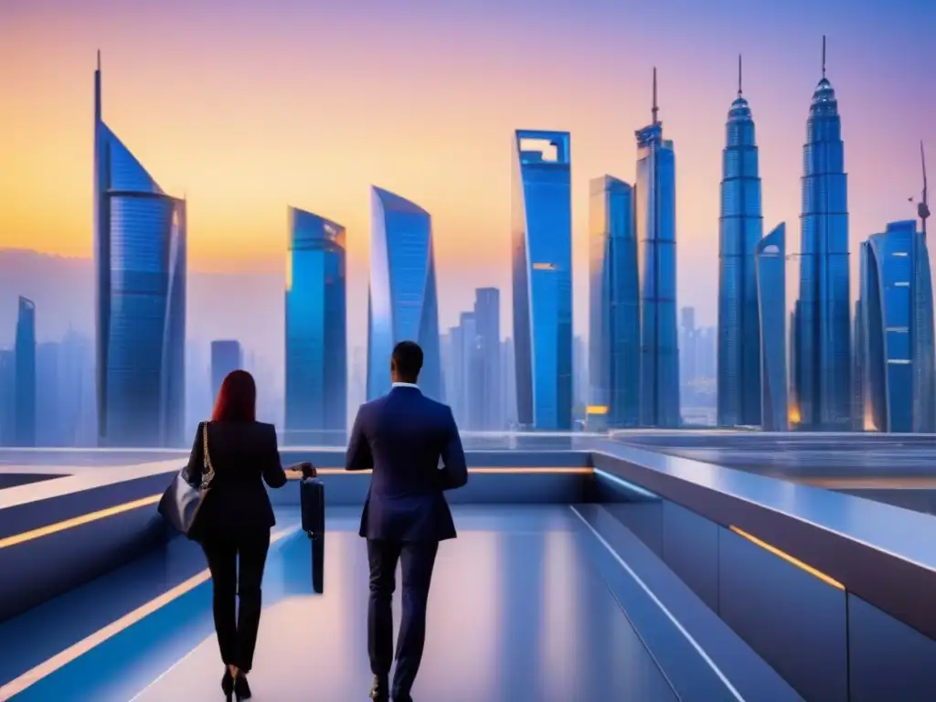 Horizonte urbano futurista al atardecer: diversidad y negocios globales Vibrante ciudad futurista al atardecer, reflejando la importancia de los derechos de propiedad en el mercado internacional