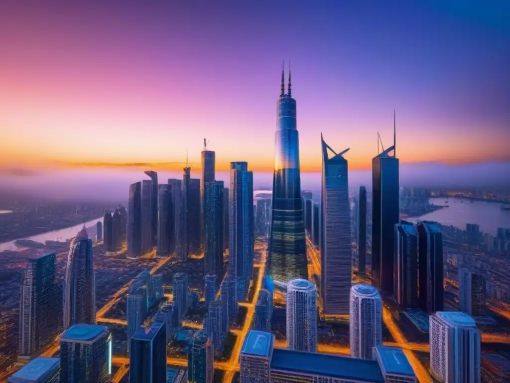 Horizonte urbano futurista al atardecer: modernidad y diseño innovador Vibrante ciudad futurista al atardecer, reflejando ética en mercado inmobiliario global