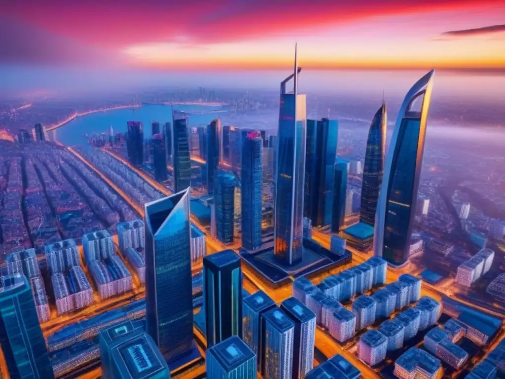 Metrópolis futurista: mercado inmobiliario global postBrexit Vibrante ciudad futurista, reflejando un atardecer, conectada por drones y avanzada red de transporte