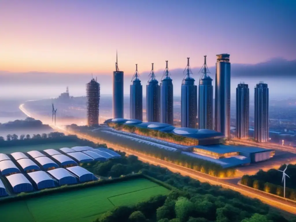 Metrópolis futurista ecoamigable al atardecer Vibrante ciudad futurista al atardecer con rascacielos ecológicos y cumpliendo normativas ambientales construcción inmobiliaria
