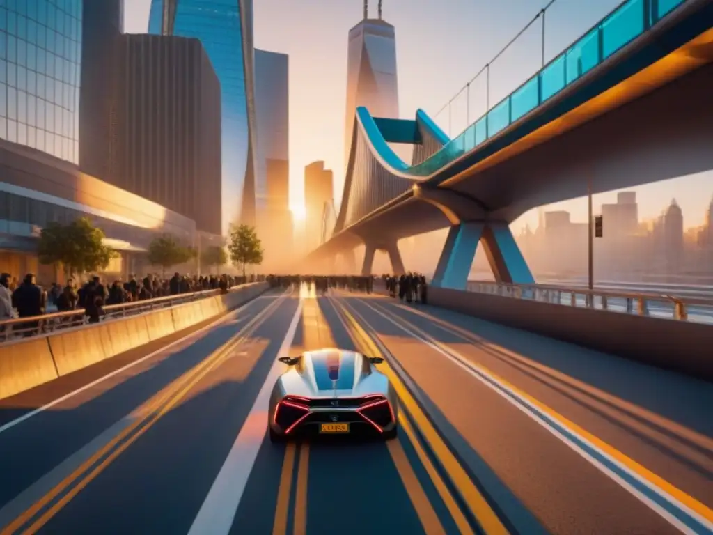 Metrópolis futurista al atardecer: skyline 8k vibrante Vibrante ciudad futurista al atardecer con rascacielos y puentes modernos, reflejando harmonía entre tecnología y vida urbana