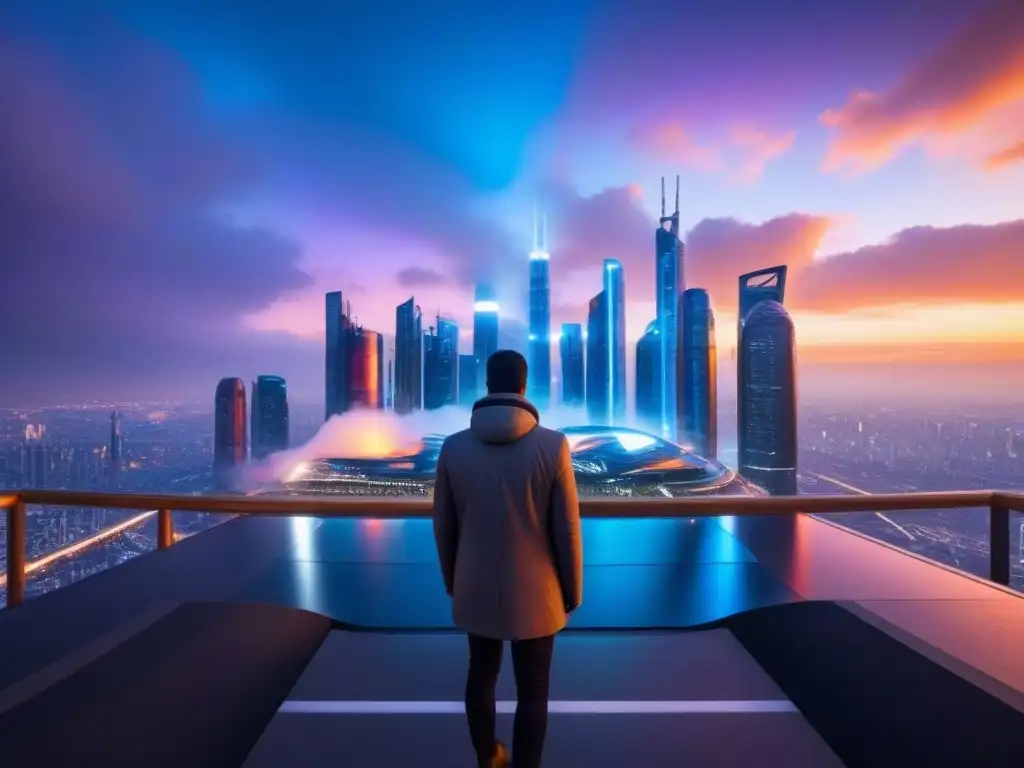 Horizonte futurista al atardecer: rascacielos, luces neón y drones en 8k Vibrante ciudad futurista al atardecer, reflejando seguridad en seguros propiedades comerciales internacionales