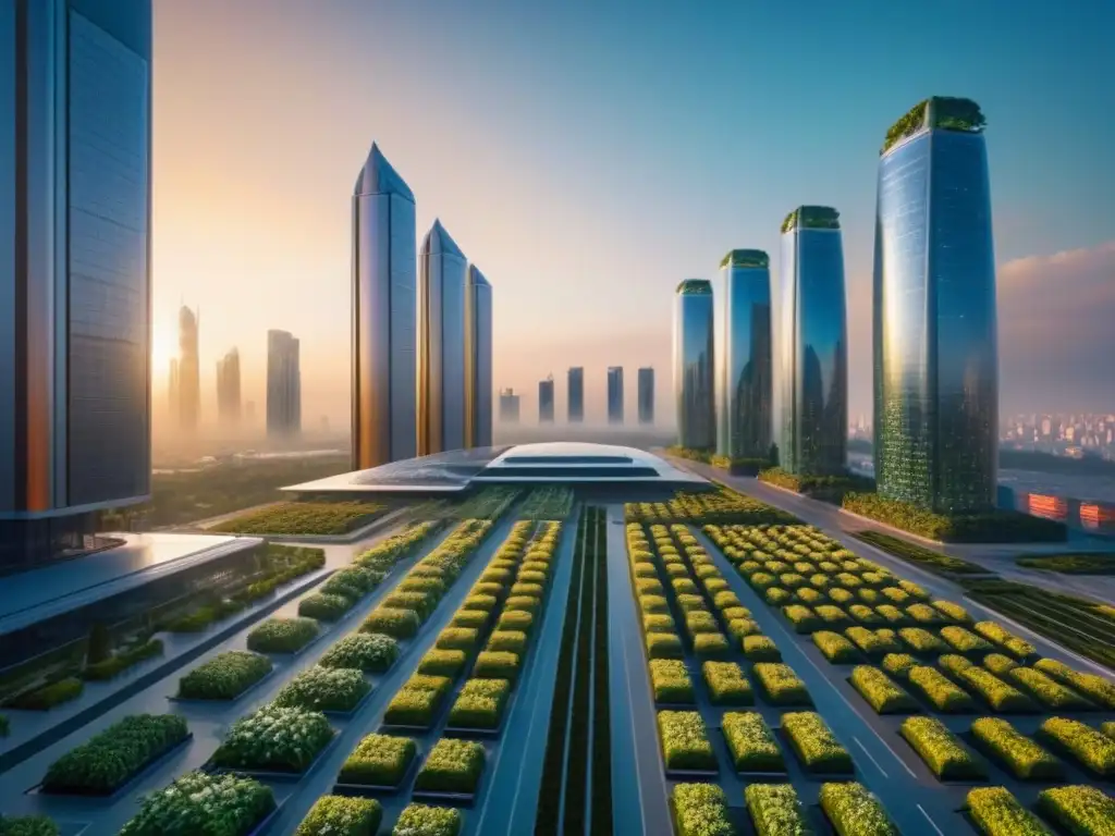 Metrópolis sostenible: rascacielos verdes al atardecer Vibrante ciudad futurista al atardecer, con rascacielos verdes, paneles solares y jardines verticales