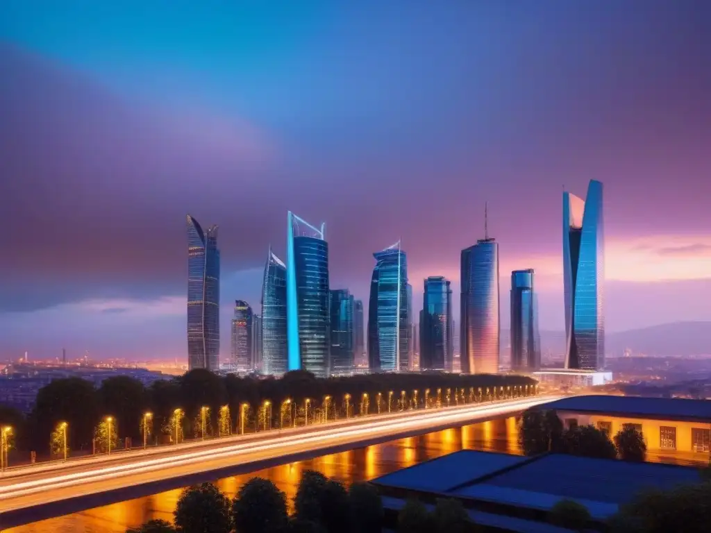 Metrópolis Futurista: Arquitectura Vanguardista en Europa del Este Vibrante ciudad futurista de Europa del Este en atardecer, reflejo del impacto de tensiones geopolíticas en el mercado inmobiliario