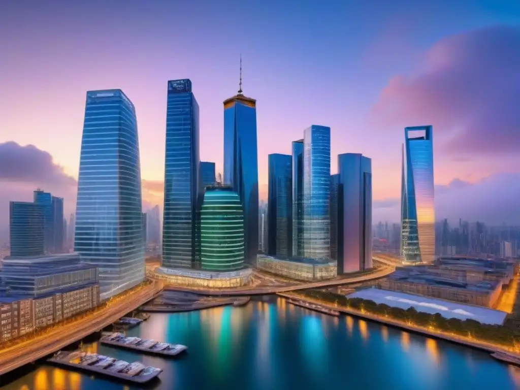 Metrópolis futurista: inversión global y diseño sostenible Vibrante ciudad futurista al atardecer, reflejando innovación y diversidad