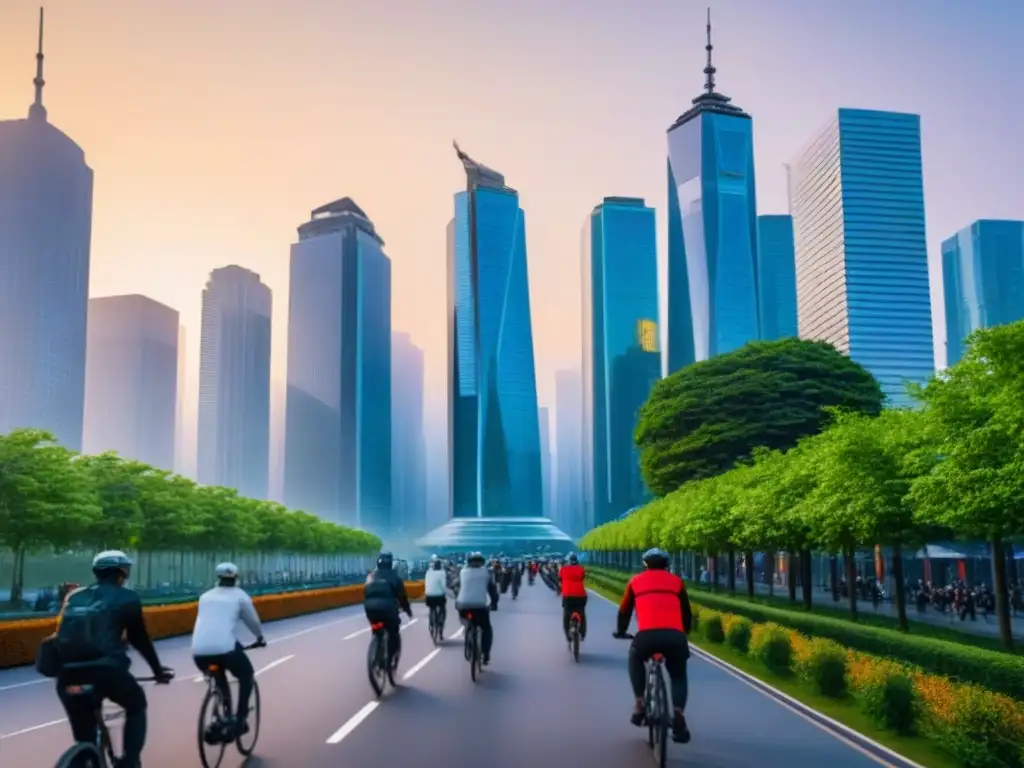 Metrópolis futurista al atardecer: progreso y armonía urbana Vibrante ciudad futurista al atardecer con estrategias anticíclicas inversión inmobiliaria